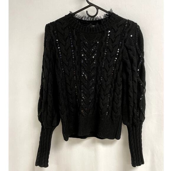 NEW EXPRESS Cable Knit Sequin Ruffle Mesh Crewneck Sweater Black Women's S - Picture 1 of 8
